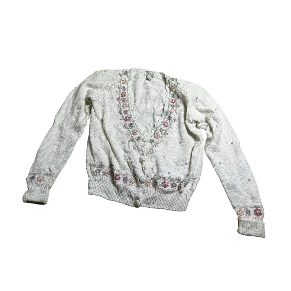 VTG White Knit Cardigan Floral Embroidered Button Up Sweater Cottage Granny